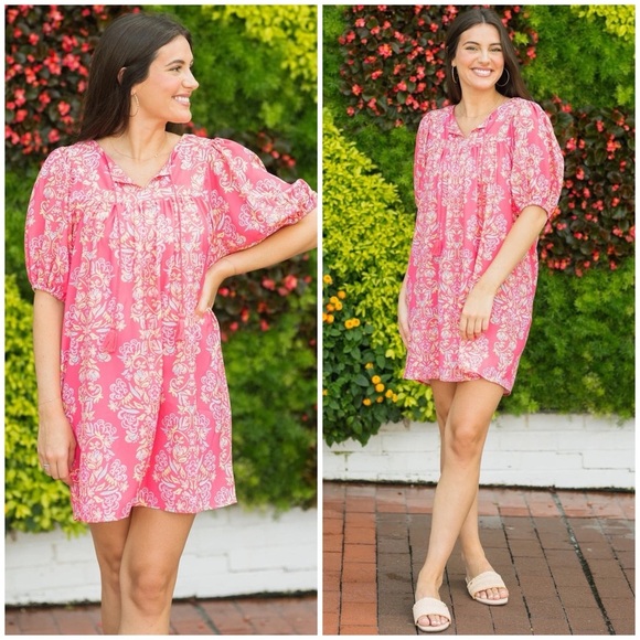 NWT Michelle McDowell Penny Tunic Dress Pink Busy Bee Coral Print Size M - Picture 1 of 7